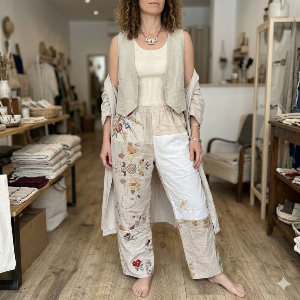 AMERICAN RECYCLED CLOTHING L nwt cotton embroidered boho lagenlook pants patch